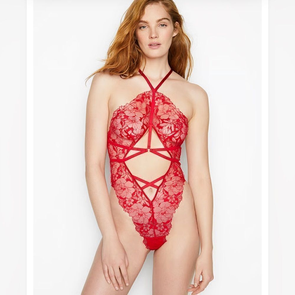 Victoria's Secret Strappy Lace Teddy Bodysuit Sexy Red Size S